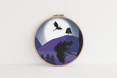 Dragon Cross Stitch, Instant Download PDF Pattern, Counted Cross Stitch, Modern Cross Stitch Chart, Embroidery Pattern, Moon Tree Pattern