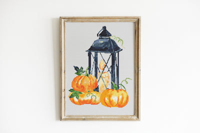 Lantern Cross Stitch, Instant Download PDF Pattern, Counted Cross Stitch Chart, Modern Wall Art, Aesthetic Room Decor, Pumpkin Gift Idea Mom