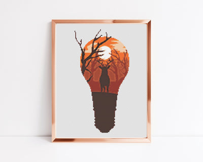 Deer Bulb Cross Stitch Pattern, PDF Instant Download Pattern, Cross Stitch Art, Landscape Design, Aesthetic Room Decor, Boho Gift for Mom