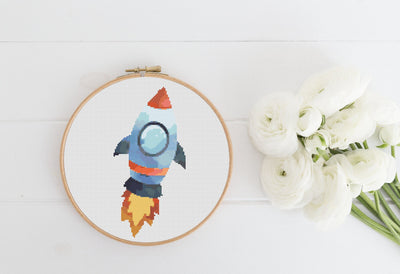 Rocket Cross Stitch Pattern, Instant Download PDF, Counted Cross Stitch Art, Embroidery Hoop, Nursery Decor, Aesthetic Room Decor, Kids Art